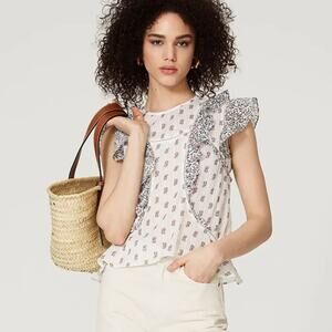 Veronica Beard Aira Top - White Blue Coral - Ruffles - Ditsy Print - Size 6